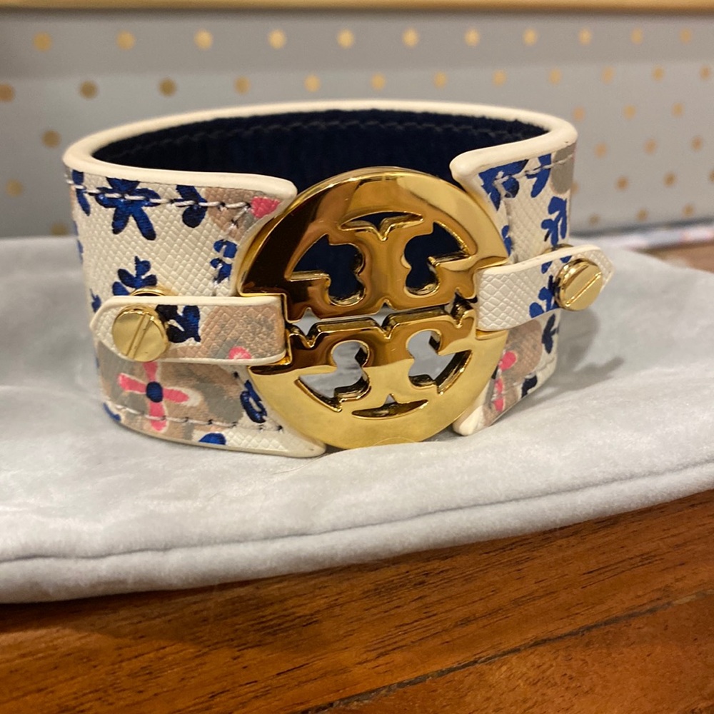 Tory Burch Double Closure Leather Logo Bracelet Floral Cream Gold Blue Gray Pink